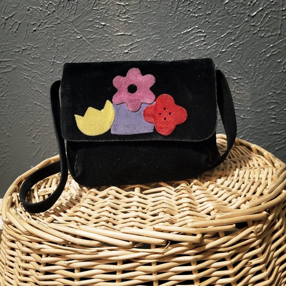 VINTAGE 60s 70s Black Leather SUEDE Purse Bag FLORAL Hippie Flower Child Boho